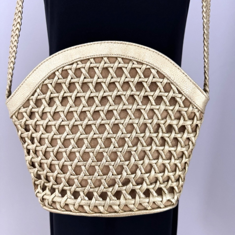 Tianni Shiny Gold Woven Lattice Shoulder Crossbody Bag Zip Close Braid Strap